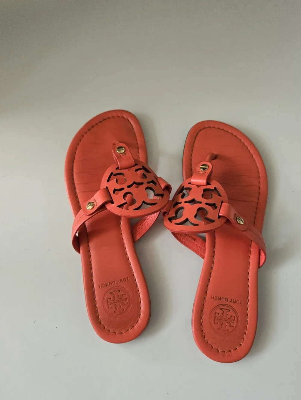 Tory Burch Coral Red Miller Logo Leather Thong Sandals8